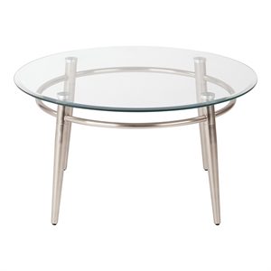 Allora Mid-Century Round Top Metal/Glass Coffee Table in Brushed Nickel/Clear