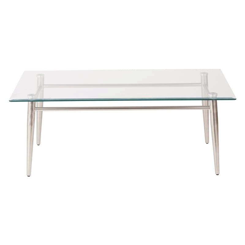 Allora Mid-Century Rectangular Metal/Glass Coffee Table in Brushed Nickel/Clear