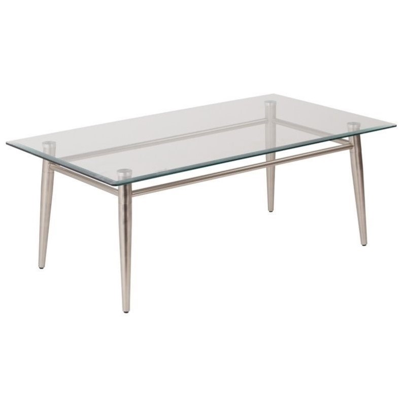 Allora Mid-Century Rectangular Metal/Glass Coffee Table in Brushed Nickel/Clear