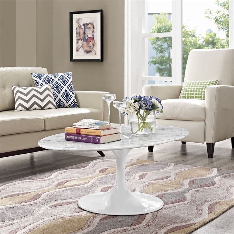 Allora Oval Faux Marble Top Coffee Table in White