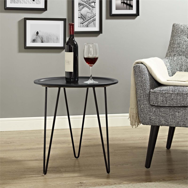 Allora Modern Fiberboard/Steel Metal End Table with Round Top in Black