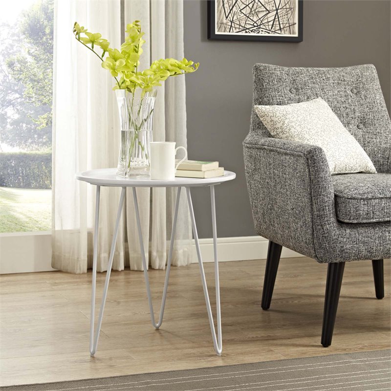 Allora Modern Fiberboard/Steel Metal End Table with Round Top in White