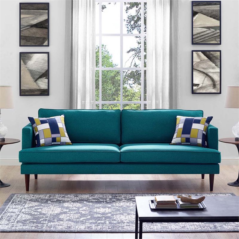 Allora Modern Polyester Fabric Upholstered Sofa in Teal and Walnut