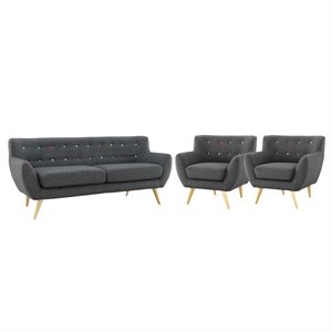 Allora 3 Piece Mid Century Modern Tufted Sofa Set in Gray
