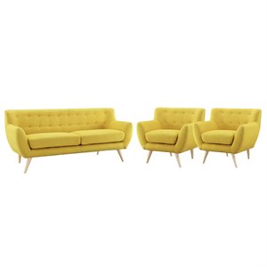 Allora 3 Piece Mid Century Modern Tufted Sofa Set in Sunny