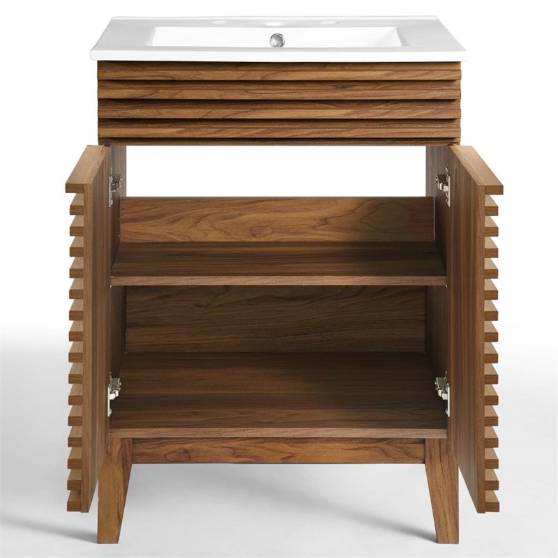 Allora Modern Wood Bathroom Vanity with Storage Shelf in Walnut/White