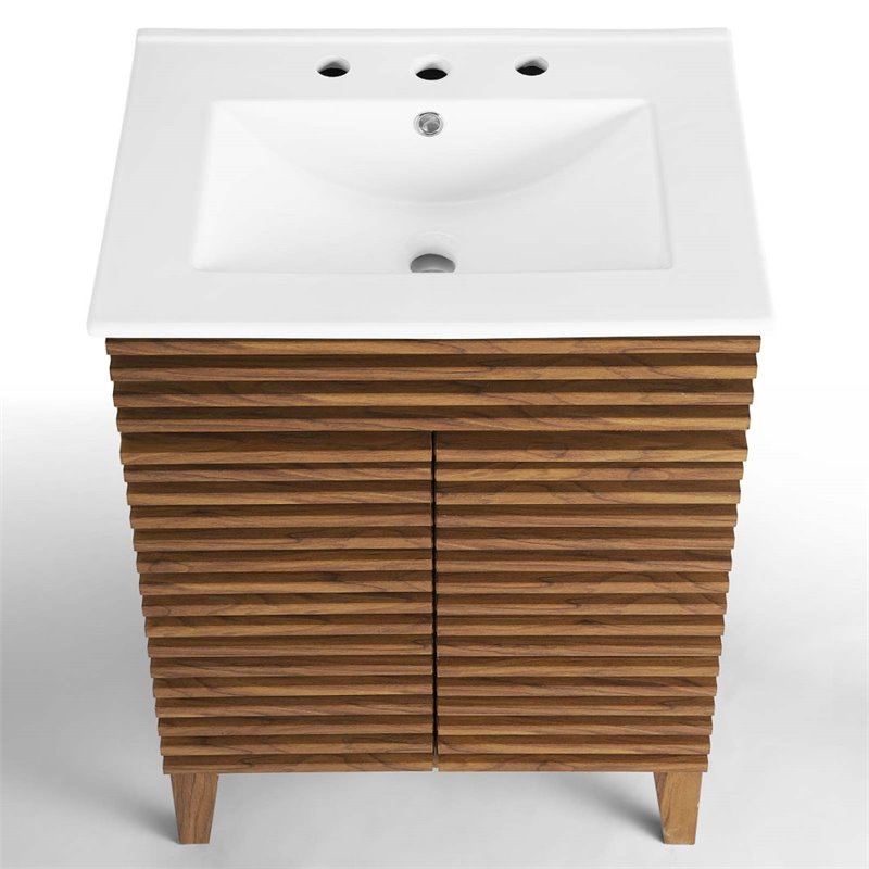Allora Modern Wood Bathroom Vanity with Storage Shelf in Walnut/White