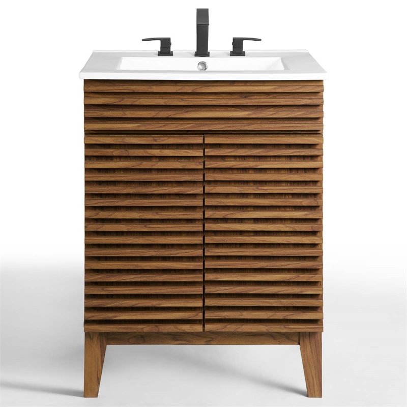 Allora Modern Wood Bathroom Vanity with Storage Shelf in Walnut/White
