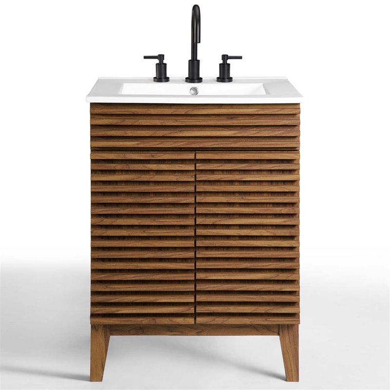 Allora Modern Wood Bathroom Vanity with Storage Shelf in Walnut/White
