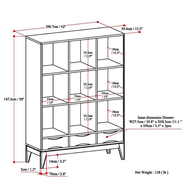 Allora 9 Cubby Wooden Bookcase in Walnut Brown