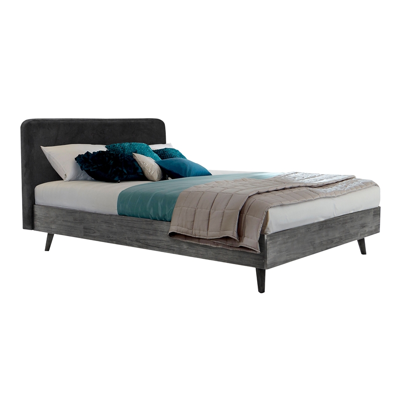 Allora Modern Wood Queen Platform Bed with Upholstered Headboard in Gray