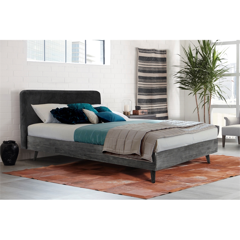 Allora Modern Wood Queen Platform Bed with Upholstered Headboard in Gray