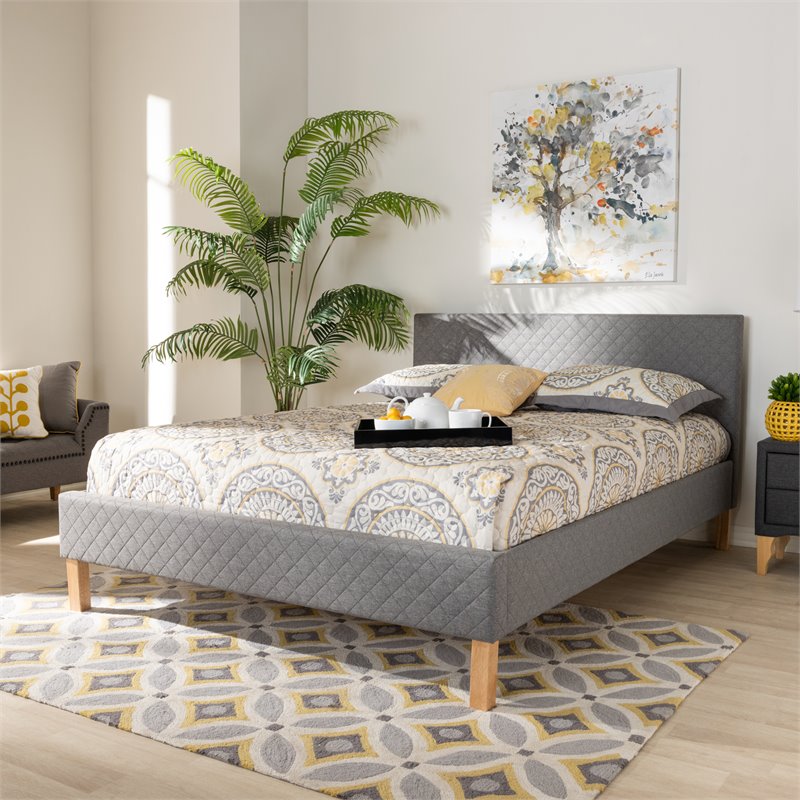 Allora Mid-Century Wood and Fabric King Platform Bed in Gray
