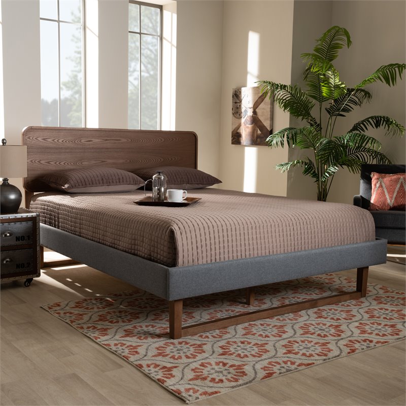 Allora Mid-Century Wood and Fabric King Platform Bed in Dark Gray