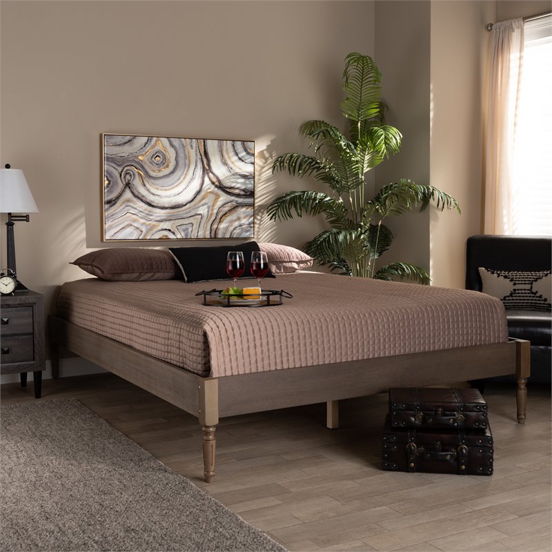 Allora Mid-Century Wood Platform Queen Bed in Weathered Gray