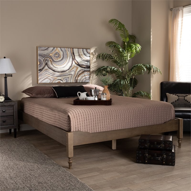 Allora Mid-Century Wood Platform Full Bed in Weathered Gray