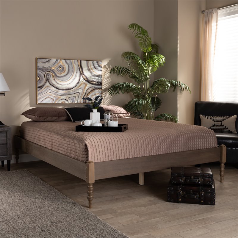 Allora Mid-Century Wood Platform Queen Bed in Weathered Gray