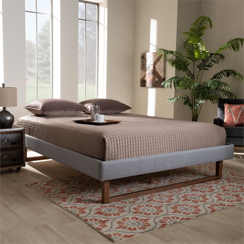 Allora Mid-Century Wood and Fabric Queen Platform Bed - Light Gray