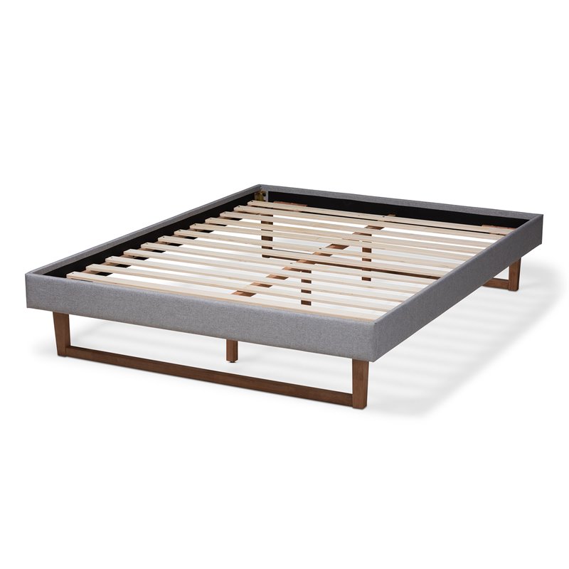 Allora Mid-Century Wood and Fabric King Platform Bed in Light Gray