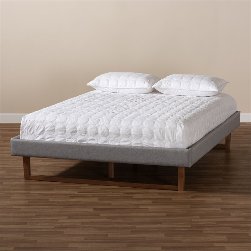 Allora Mid-Century Wood and Fabric King Platform Bed in Light Gray