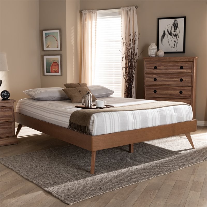 Allora Mid-Century Solid Rubberwood Full Platform Bed in Walnut Brown