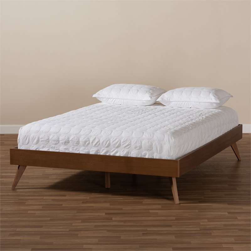 Allora Mid-Century Solid Rubberwood Full Platform Bed in Walnut Brown