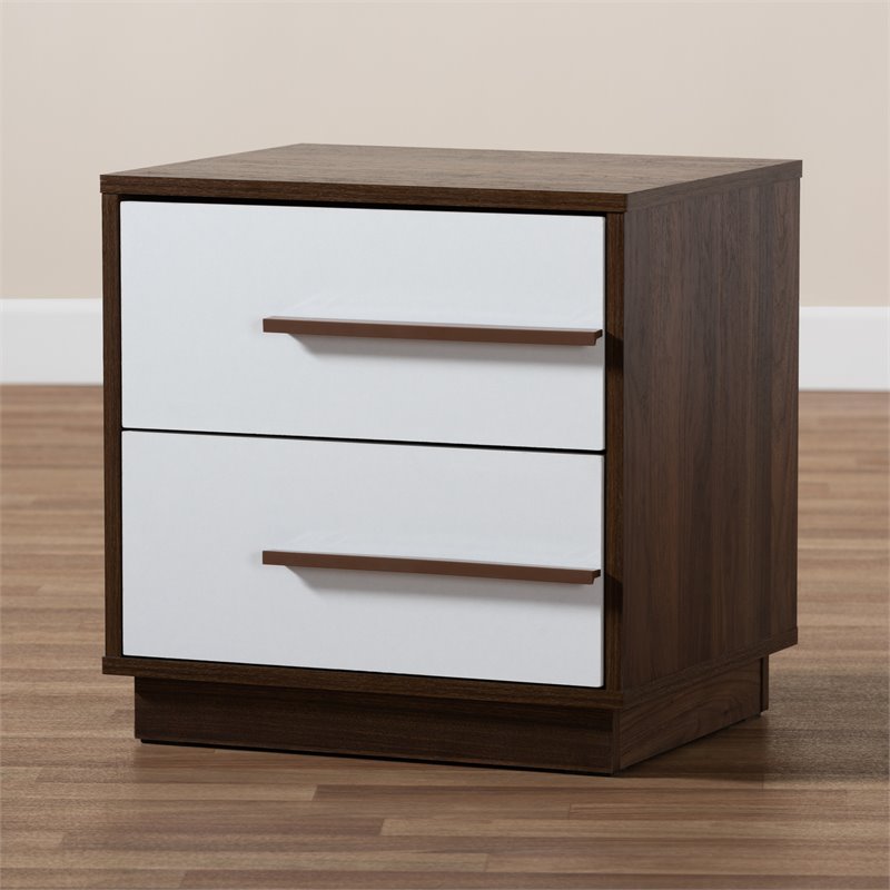 Allora Mid-Century 2-Drawer Wood Nightstand in White and Walnut