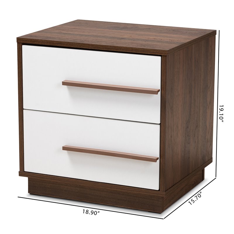 Allora Mid-Century 2-Drawer Wood Nightstand in White and Walnut