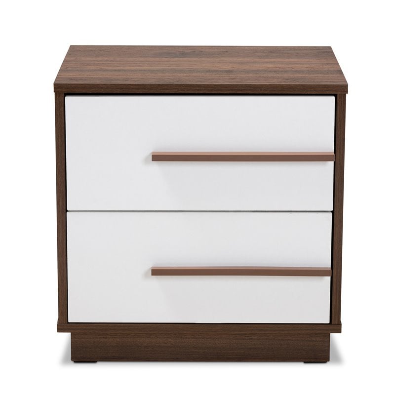 Allora Mid-Century 2-Drawer Wood Nightstand in White and Walnut