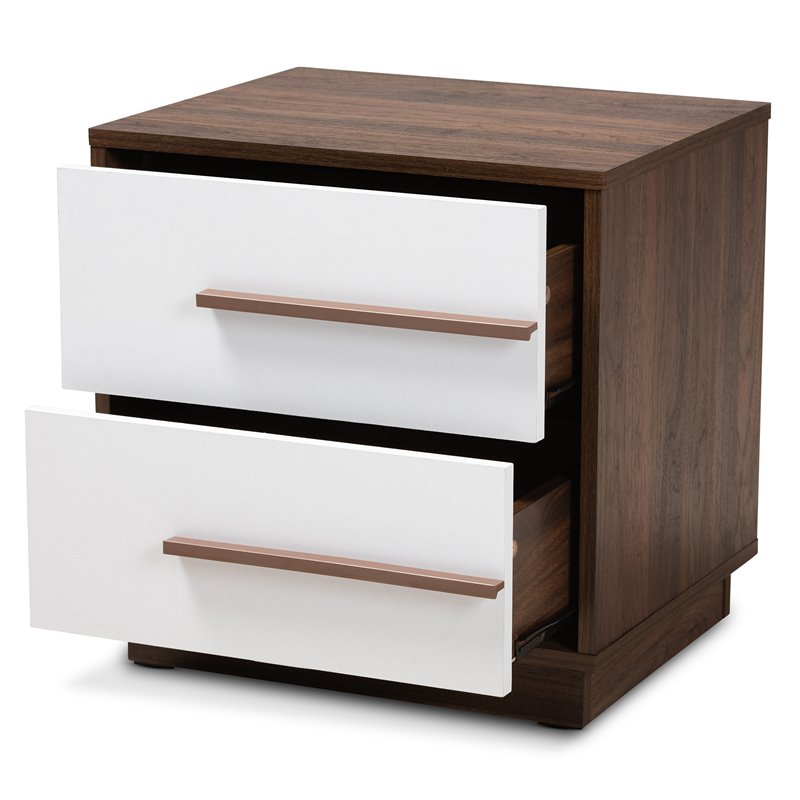 Allora Mid-Century 2-Drawer Wood Nightstand in White and Walnut