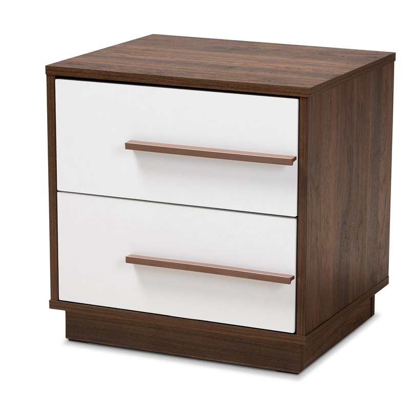 Allora Mid-Century 2-Drawer Wood Nightstand in White and Walnut