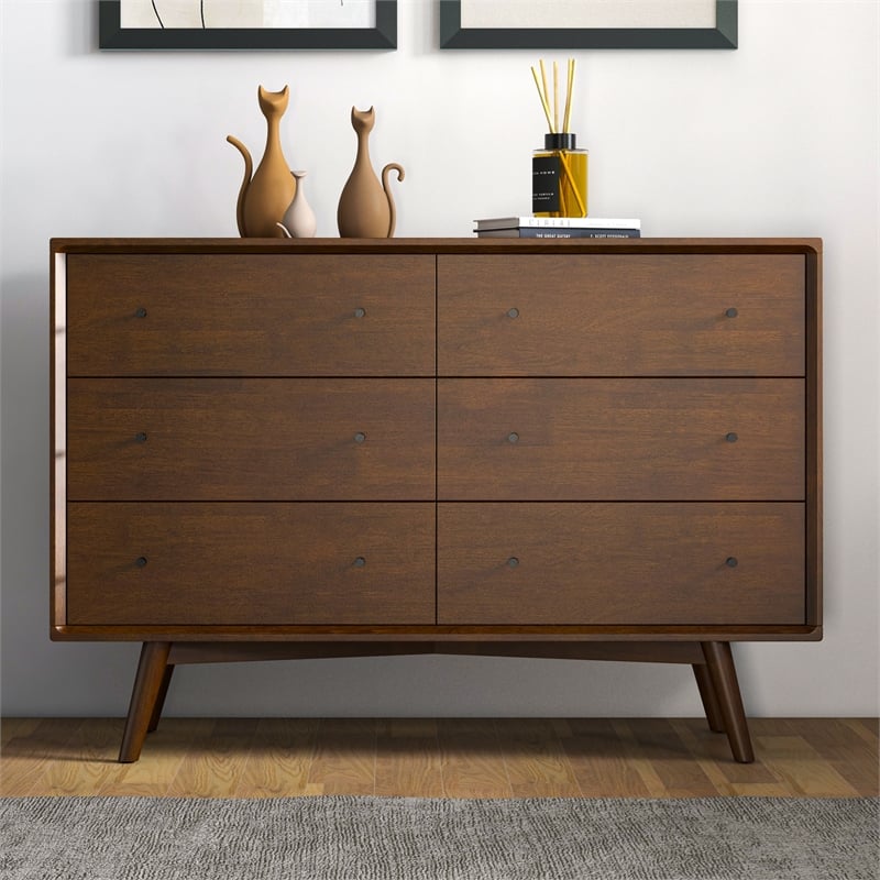 Allora Mid-Century Modern 6-Drawer Dresser Solid Wood in Brown
