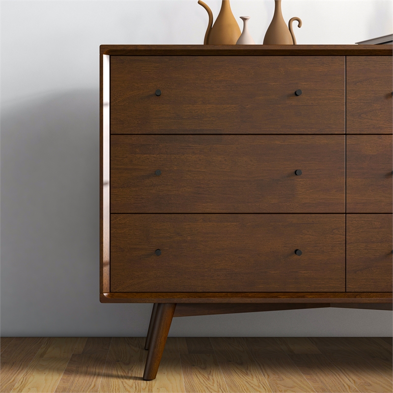 Allora Mid-Century Modern 6-Drawer Dresser Solid Wood in Brown