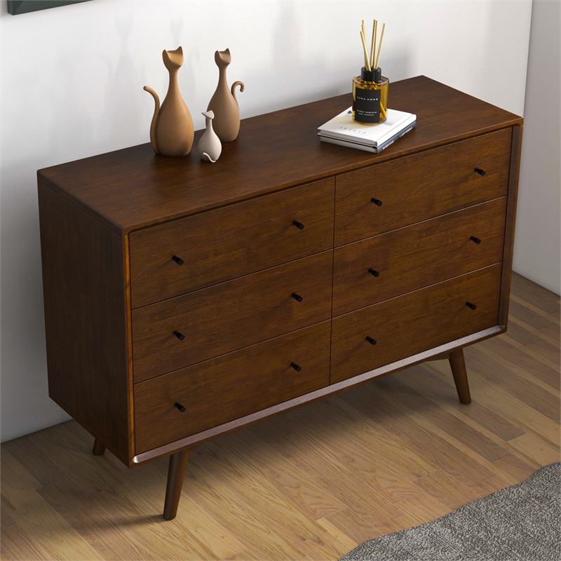 Allora Mid-Century Modern 6-Drawer Dresser Solid Wood in Brown