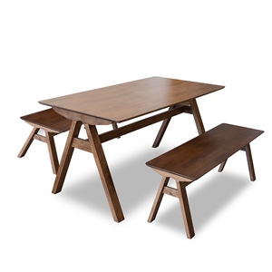 allora 3-piece mid-century modern dining set with 2 solid wood benches in brown
