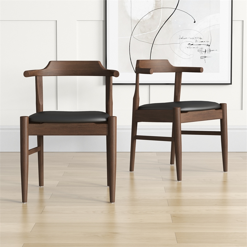 Allora Faux Leather & Wood Dining Chair in Black/Walnut (Set of 2)