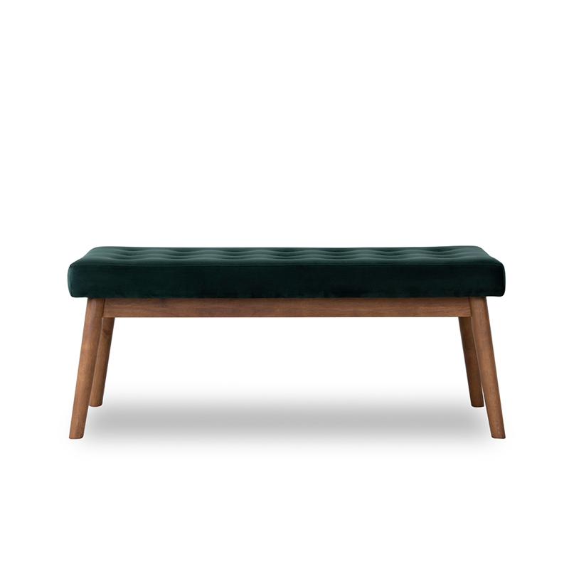 Allora Wood Frame and Velvet Upholstered Bench in Green/Walnut
