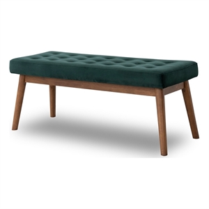 Allora Wood Frame and Velvet Upholstered Bench in Green/Walnut