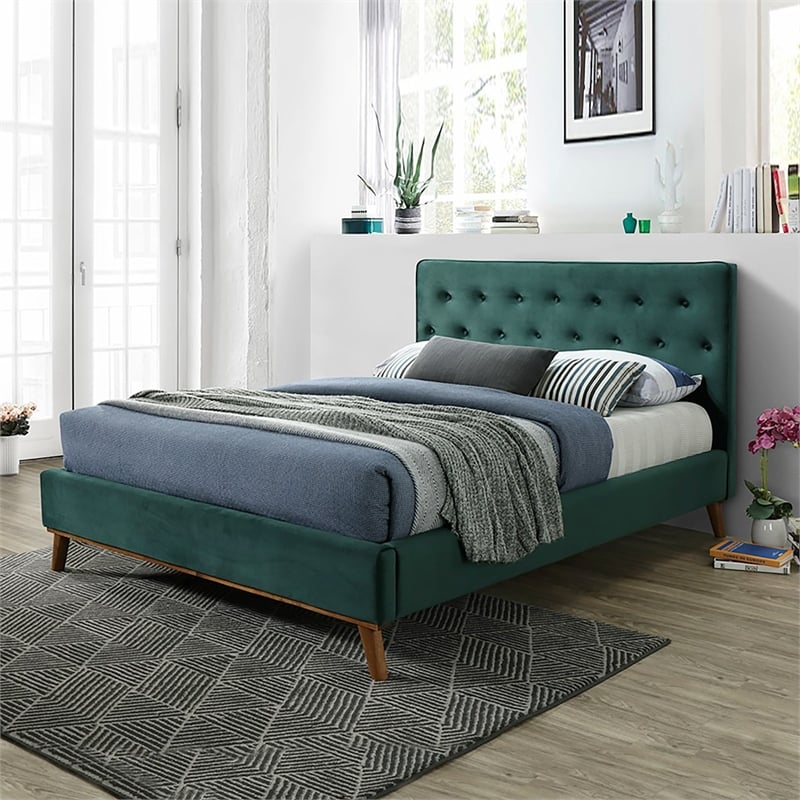 Allora Mid Century Modern Queen Velvet Platform Bed in Green - A-5145