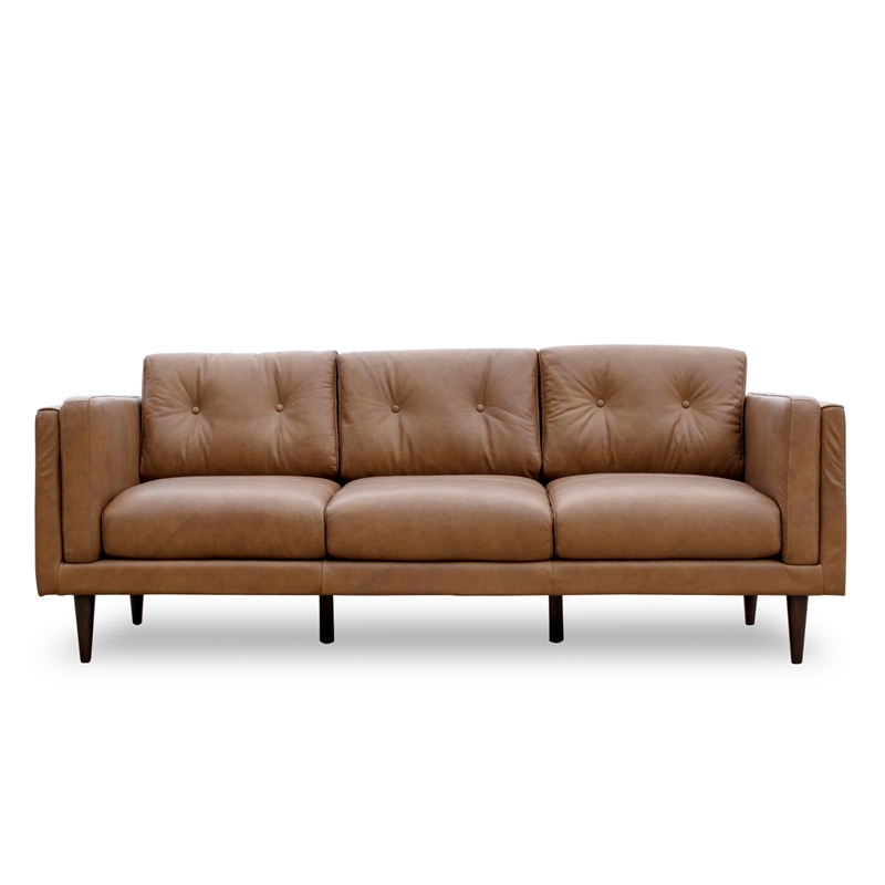 Allora Mid Century Modern Genuine Italian Leather Sofa in Brown Cymax