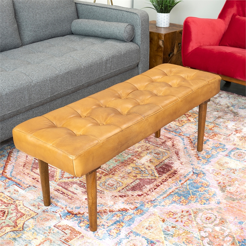 Allora Mid Century Modern Genuine Leather Bench in Tan Cymax Business