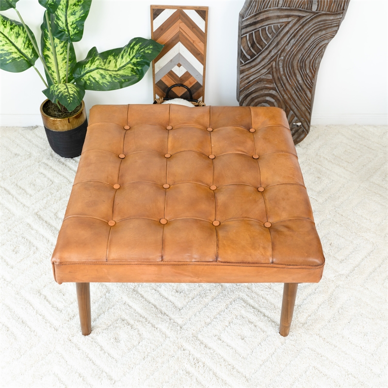 Allora Square Tufted Genuine Leather Upholstered Ottoman in Cognac Tan/Walnut