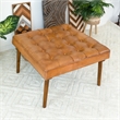 Allora Square Tufted Genuine Leather Upholstered Ottoman in Cognac Tan/Walnut