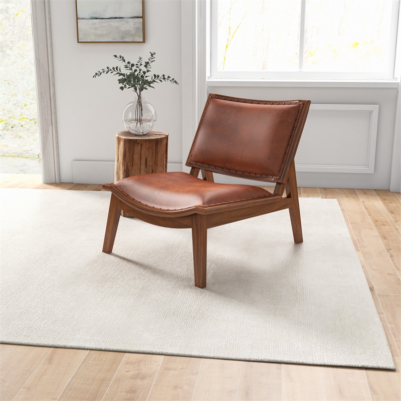Allora Mid-Century Wood/Leather Accent Chair in Cognac Tan/Walnut