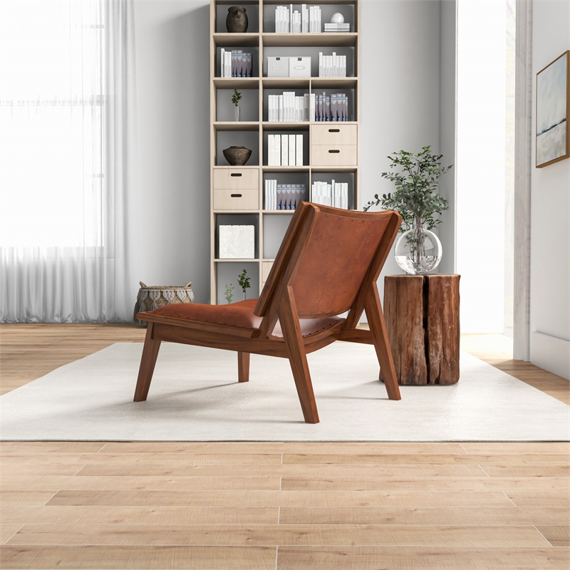 Allora Mid-Century Wood/Leather Accent Chair in Cognac Tan/Walnut