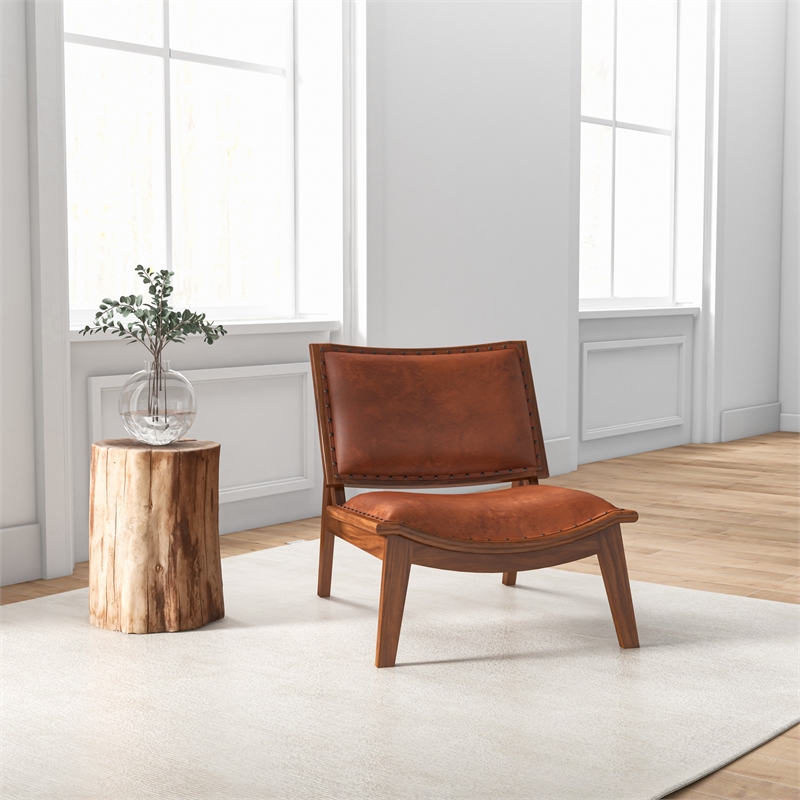 Allora Mid-Century Wood/Leather Accent Chair in Cognac Tan/Walnut