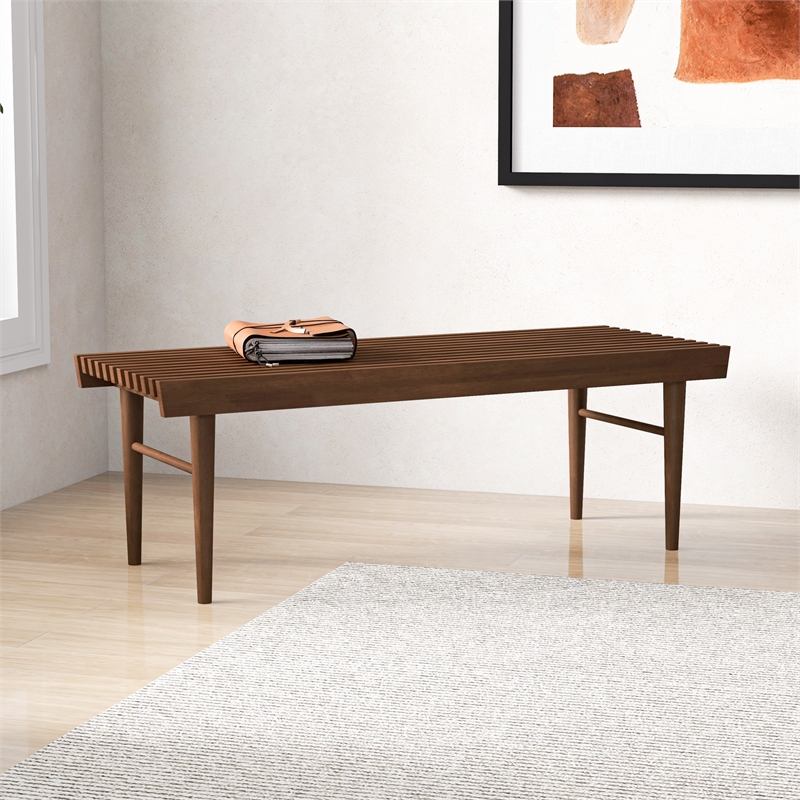 Allora Mid-Century Solid Teak Wood Rectangular Bench in Walnut