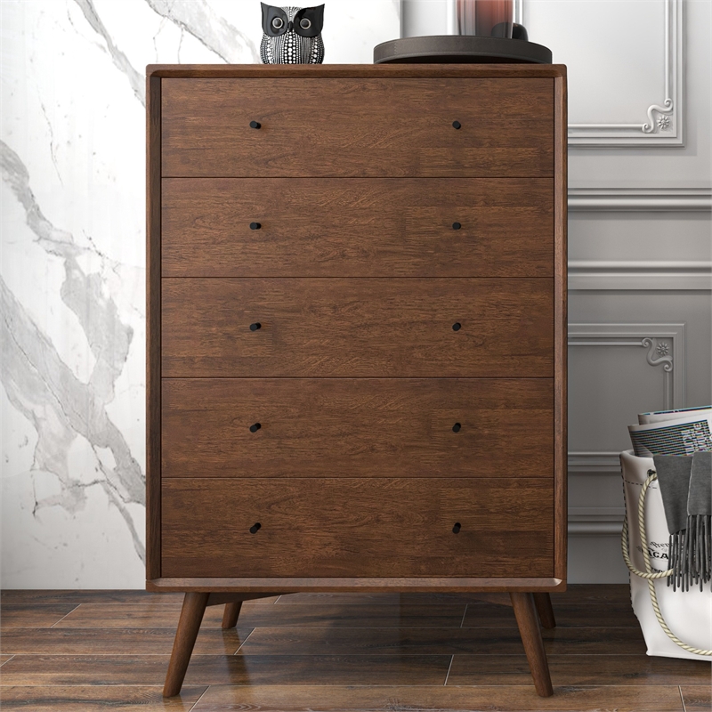 Allora Mid-Century Modern 5-Drawer Solid Wood Dresser in Brown