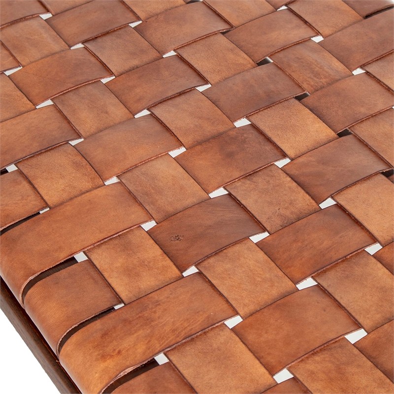 Allora Solid Teak Wood and Genuine Leather Upholstered Bench in Cognac Tan