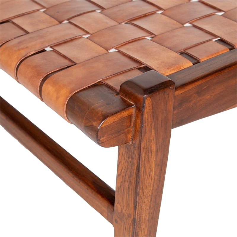 Allora Solid Teak Wood and Genuine Leather Upholstered Bench in Cognac Tan